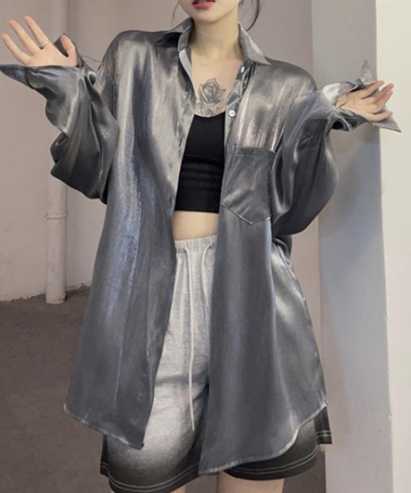 실키 광택 유니크 루즈핏 긴팔 셔츠 블라우스 (그레이.화이트)