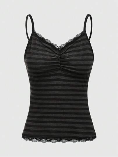 ROMWE Black & Gray Stripe Lace Trim Camisole Top