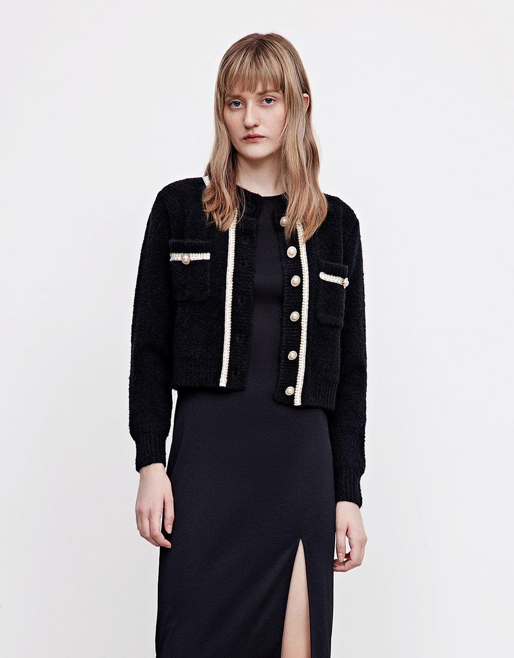 진주 버튼 크루넥  니트 가디건 - 블랙 / M