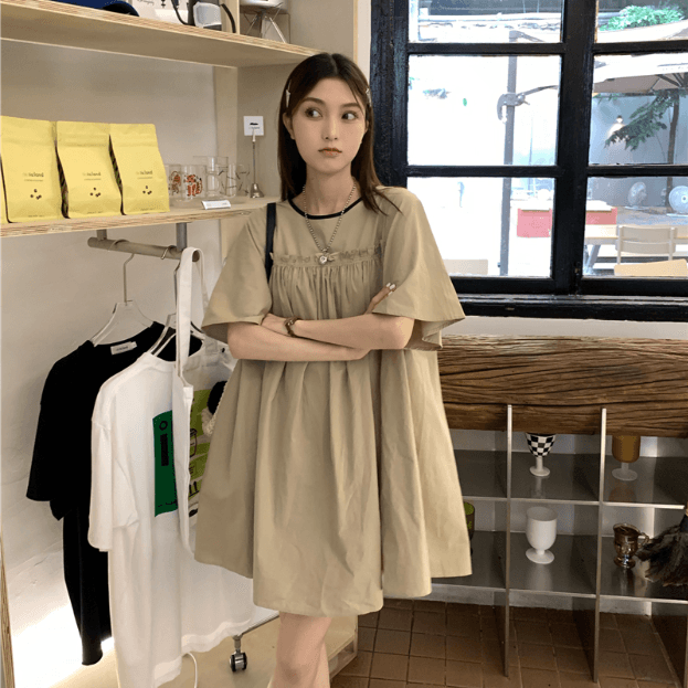 [여름신상] 라운드넥 반팔 셔츠원피스 미니원피스 나팔소매 셔링 빅사이즈 오버핏 셔츠 a라인원피스 *데일리룩,아담녀,키작녀,캐주얼룩