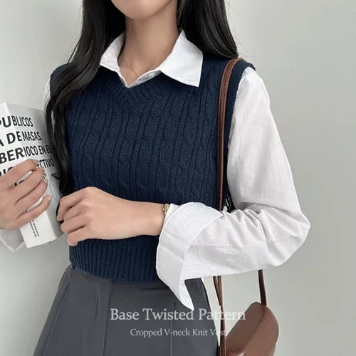 [크롭기장!/가을신상] 베이스 꽈배기 크롭 브이넥 니트조끼