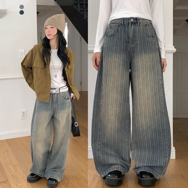 [S~3XL까지/3단기장/스트라이프] ST폴딩스냅와이드데님팬츠 (2color)