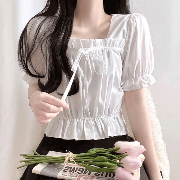 [모코 반팔ver] 모코 스퀘어넥 리본 프릴 퍼프 반팔 셔링 무지 블라우스
