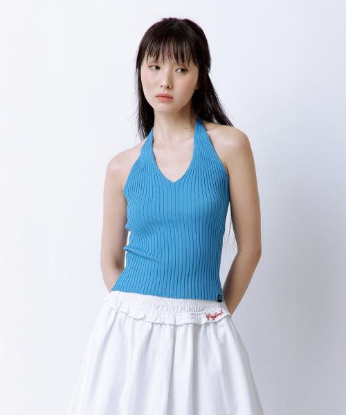 베이직 홀터 니트 탑 블루