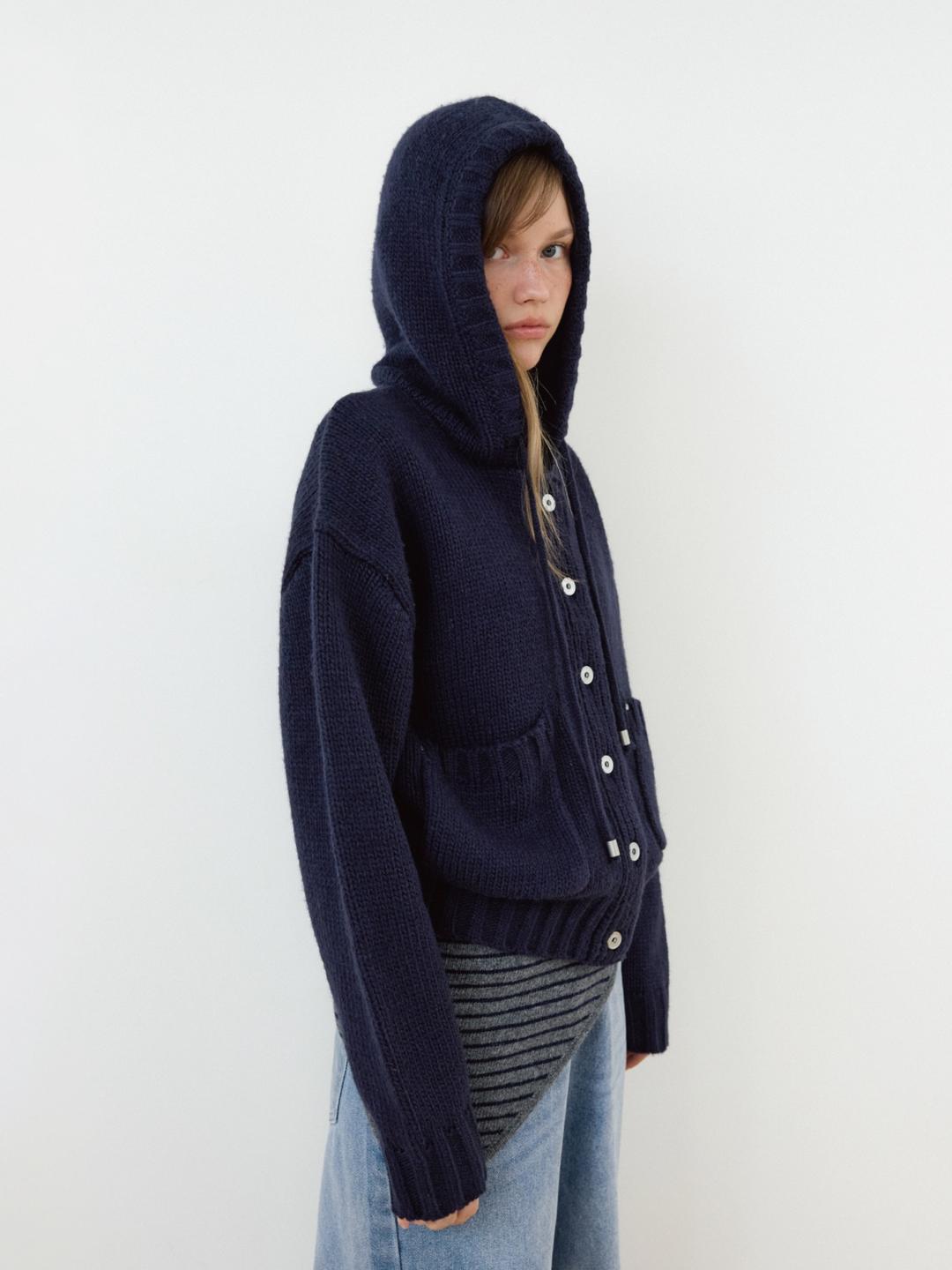 Nickel Wool Knit Hood Zip-Up (Navy)