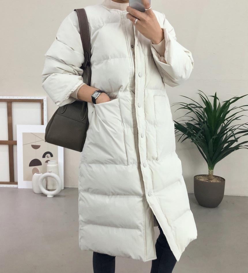 [신상옷특가할인][겨울신상] 두벤드 5온스 롱 패딩 똑딱이 노카라 라운드넥 코트 점퍼 3컬러