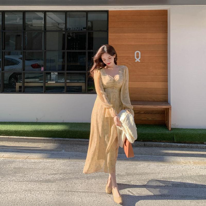 op13206 언제나 사랑받는 플라워 패턴의 셔링 하트넥 요루 쉬폰 플레어 롱 드레스 dress