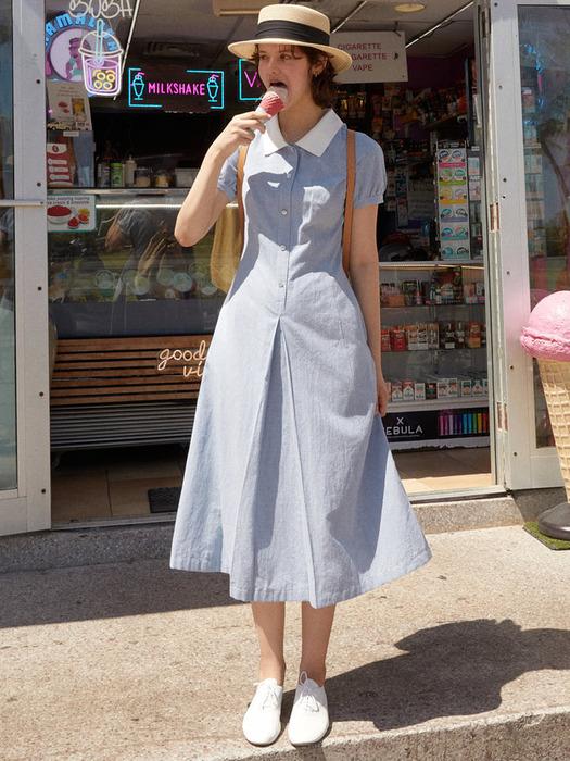 팜 배색 카라 롱 원피스 (Blue check/Navy check)