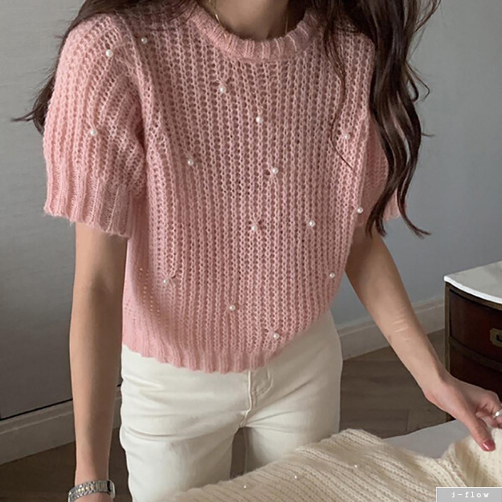 프리비 진주 포인트 라운드 반팔 니트 3col 봄 여름 펀칭 그물 크롭 데일리 제이플로우
