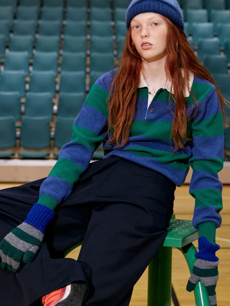 Stripe polo knit in green/navy