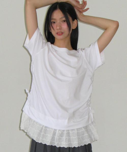 TORCHON LACE SHIRRING LAYERED LONG T SHIRT WHITE