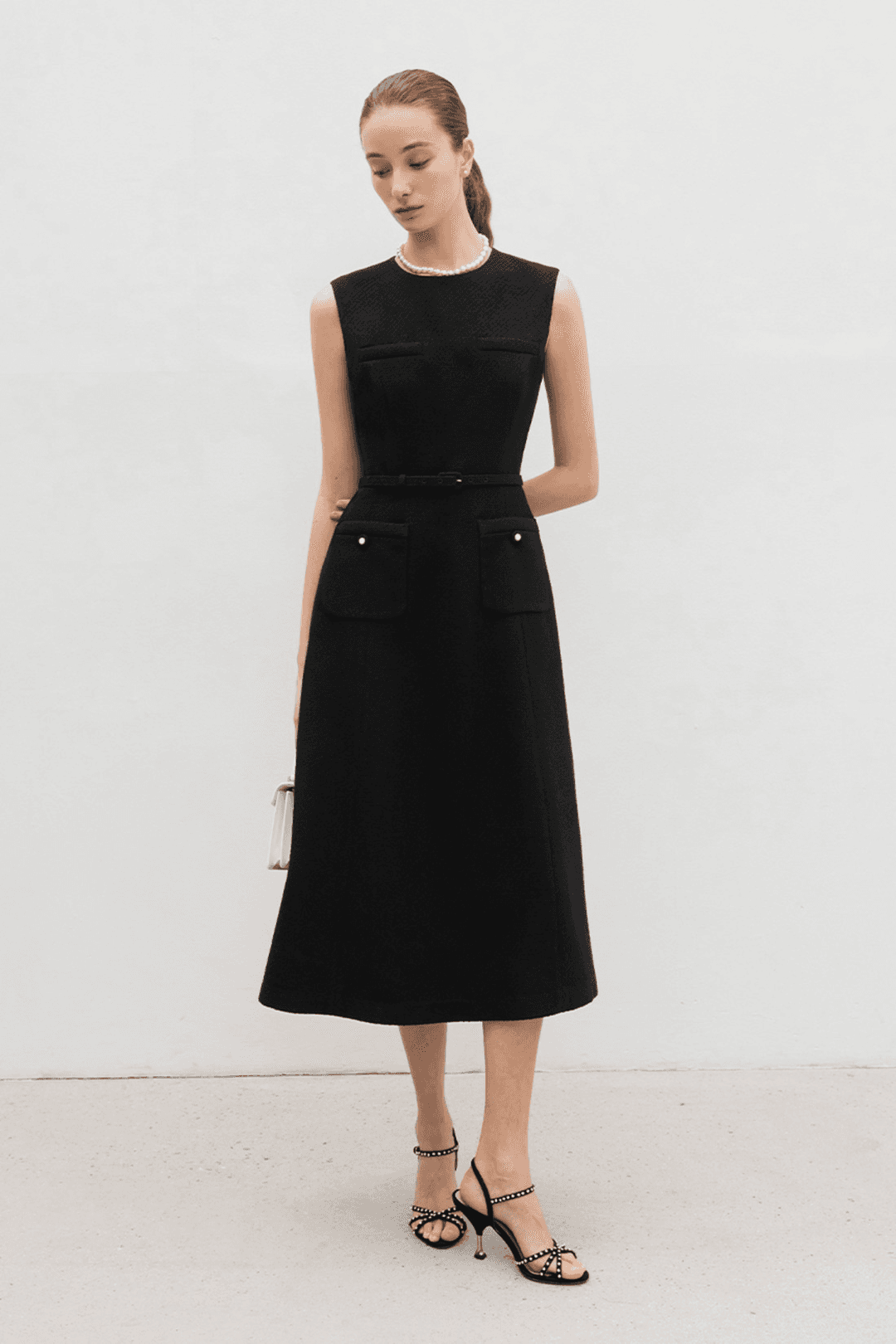 [시크릿 세일] SOREN Round neck sleeveless A-line tweed long dress (Black)