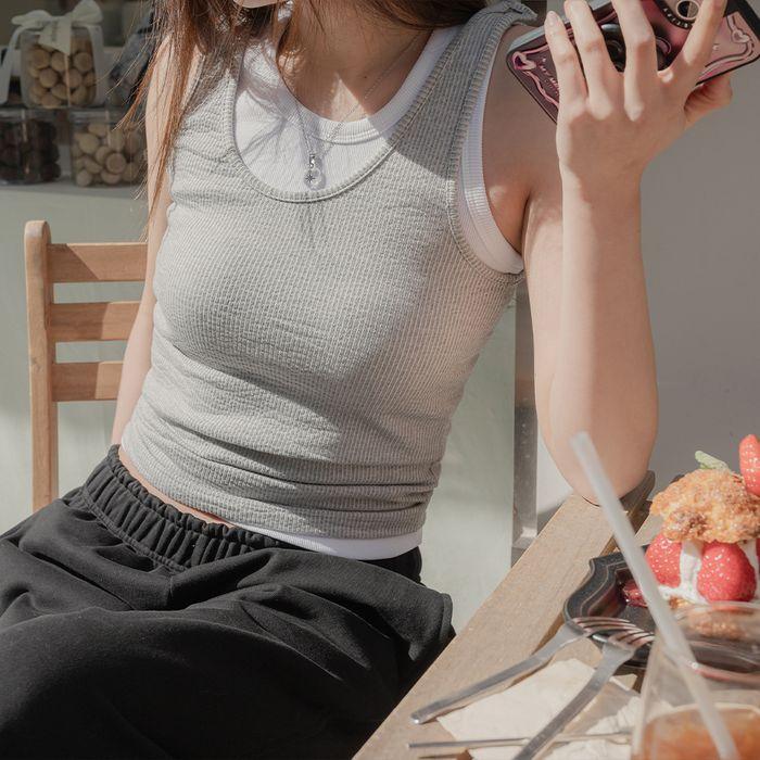패치 레이어드 빈티지 탑_그레이