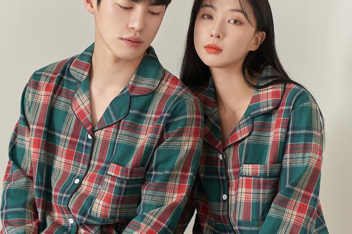 커플 잠옷 파자마 홈웨어 선물 수면 체크 면 웨스턴 긴팔 세트 ANPA06