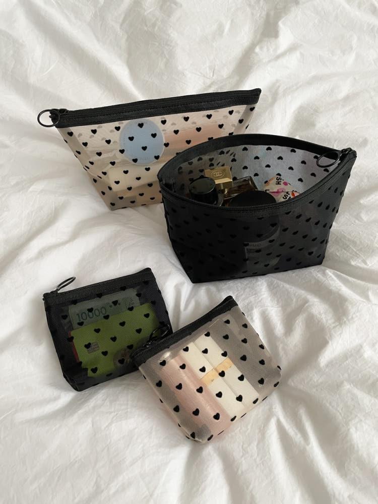 [젬마풀] 하트 파우치 (4type) 화장품 여행용 데일리 가방정리 브러쉬 메쉬 망사 물놀이