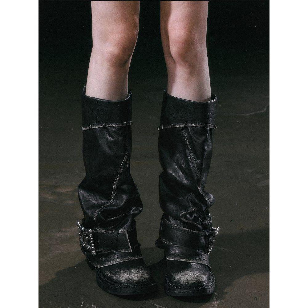 CestNous 크로스 버클 벨트 레더 롱부츠 앵글부츠 통굽 숏 부츠