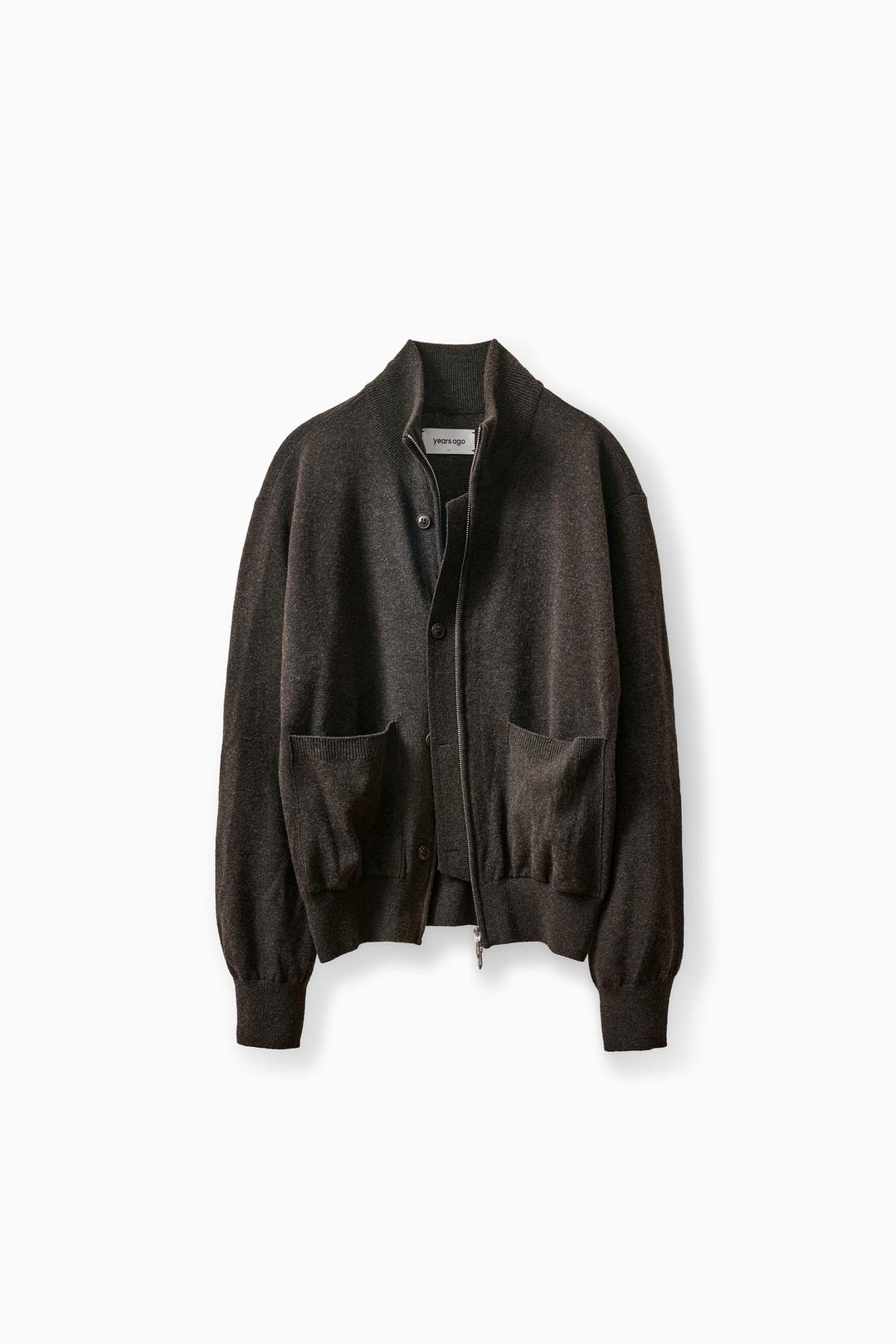 MERINO WOOL PLACKET KNIT ZIP UP BROWN