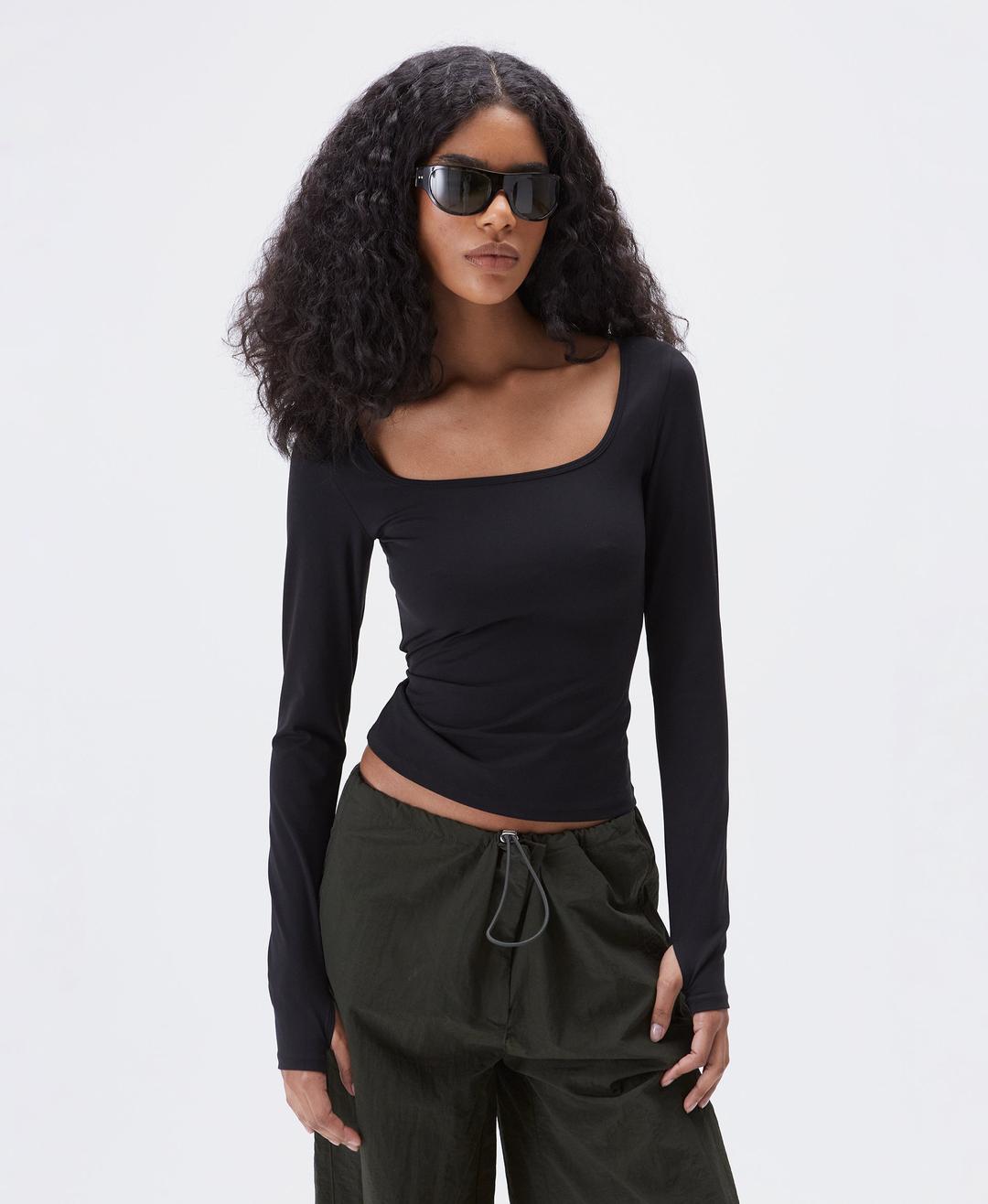 Long Sleeve Square Neck Top - Black - XXS