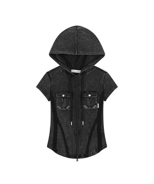 HALF SLEEVE PIGMENT SLIM LINE ZIP-UP [BLACK]