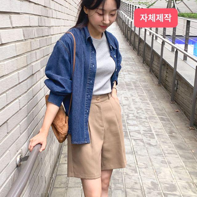 *청청코디[당일발송/자체제작/유행no!/데일리] 클래식 루즈핏 포켓 카라 워싱 난스판 데님 셔츠/빌리데님셔츠