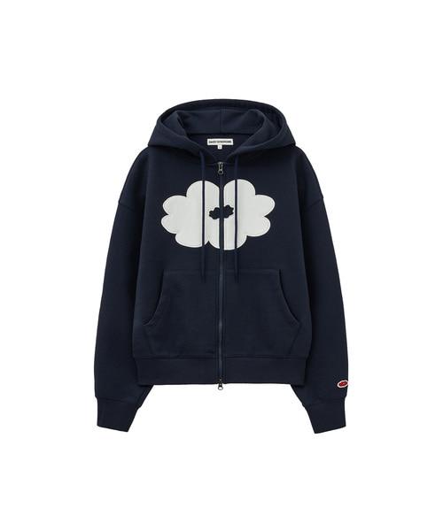 FLORAL CROPPED HOODIE ZIP-UP navy