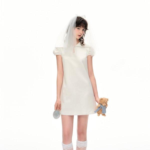 RN white satin navy collar loose A-line dress