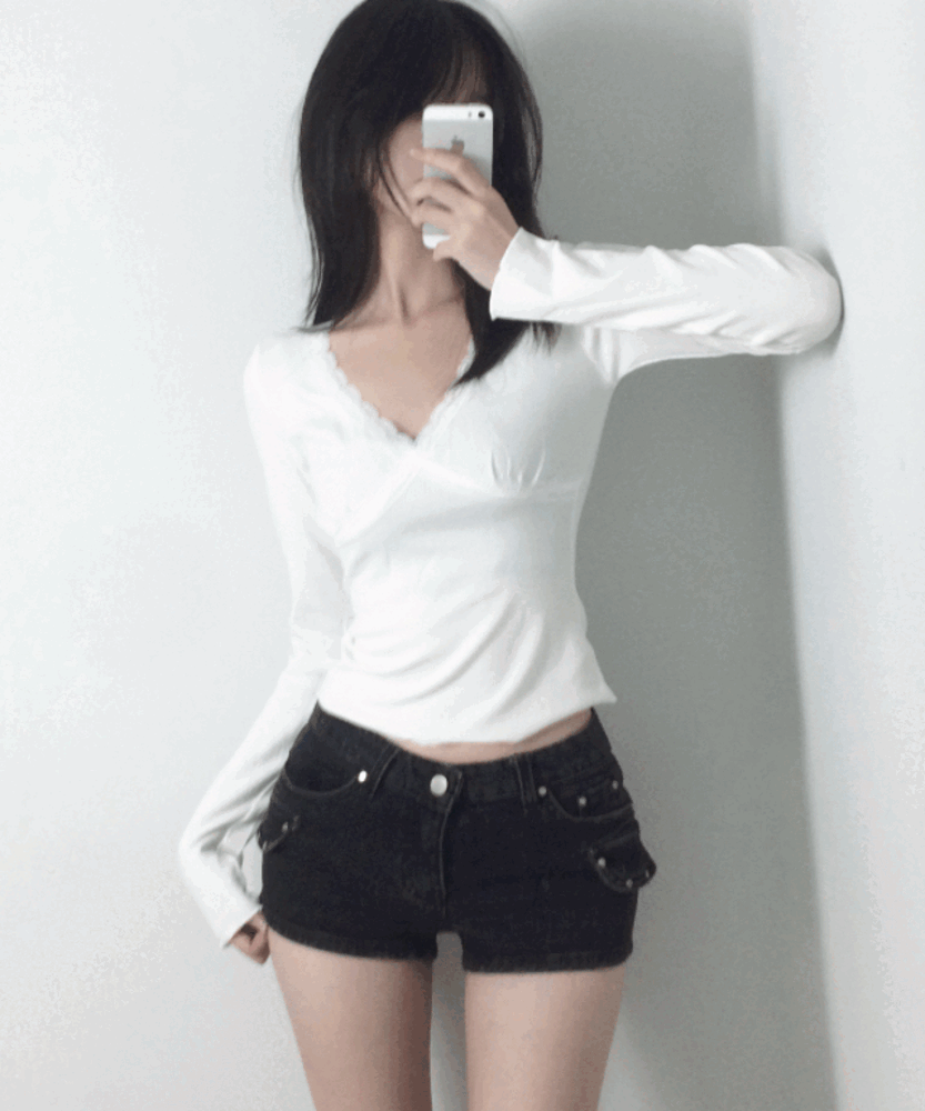 [레이어드/여리핏] 하루 시티 레이스 브이넥 긴팔티