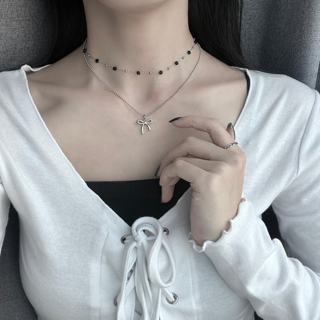 [자체체작/써지컬스틸] 리본 발레코어 포인트 키치 투 체인 무채색 목걸이