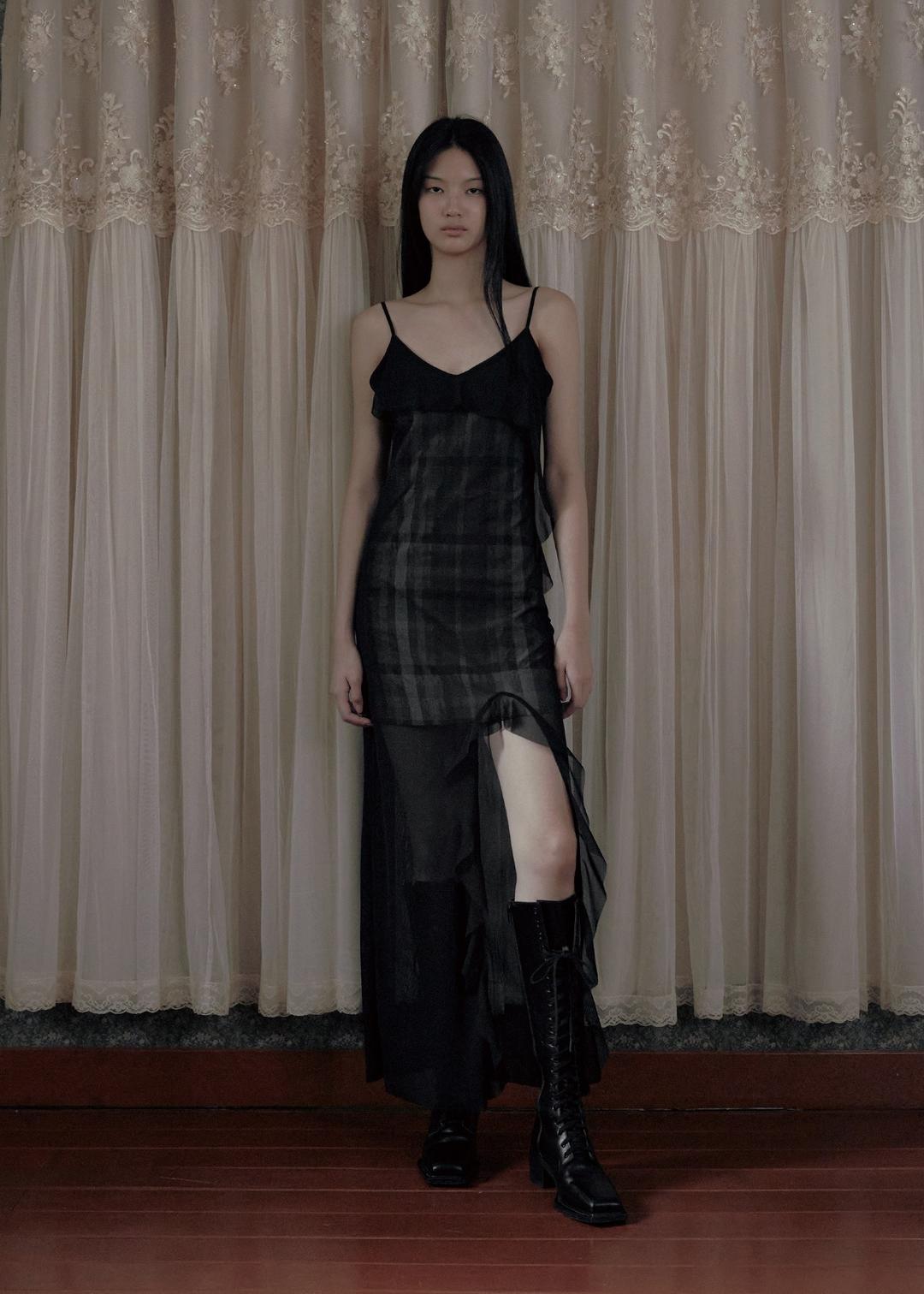 SEE-THROUGH CHECK RUFFLE MAXI DRESS, BLACK & BEIGE CHECK