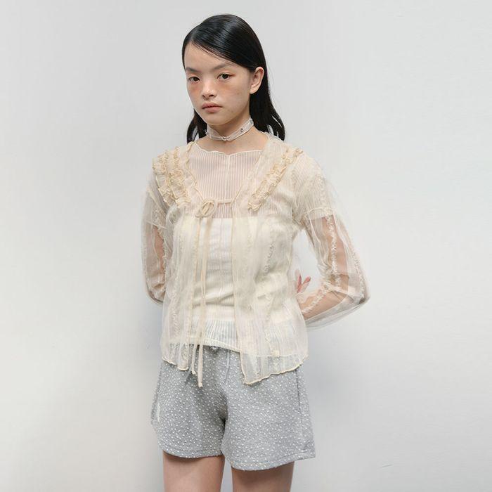 Mesh Ruffled Strap Cardigan [Yellow]