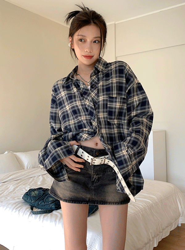 어런트 보이핏 체크 롱 셔츠