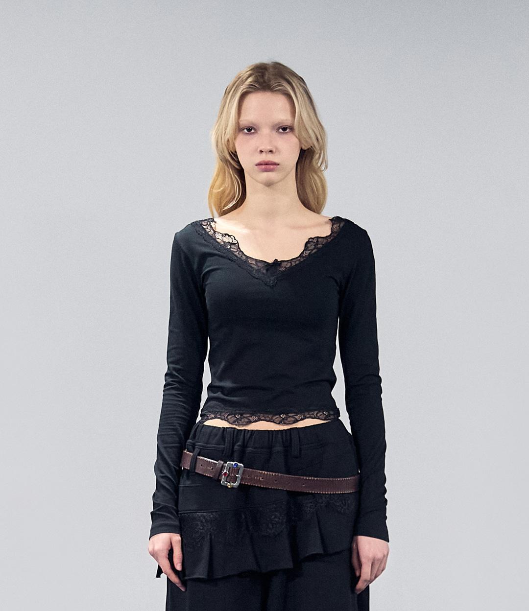 LACE FRAME V-NECK SLEEVE (BLACK)