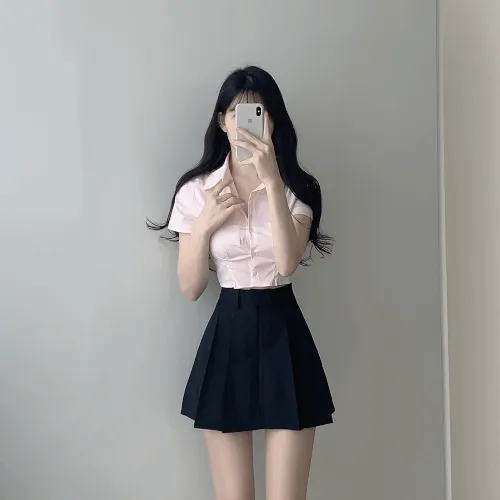 (여리글램ღ,허리쏙!!) 레브 실키 핀턱 크롭 반팔 셔츠 3color