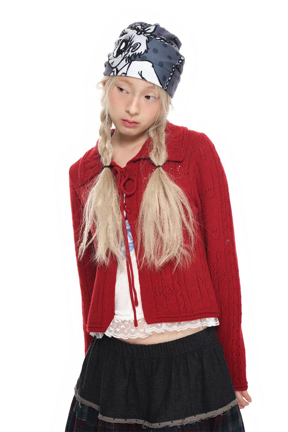 Lace-Up Shawl Collar Cardigan_red