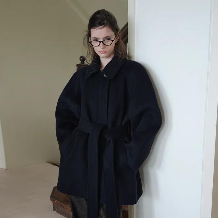 VOLUME SLEEVE WOOL HALF COAT_NAVY