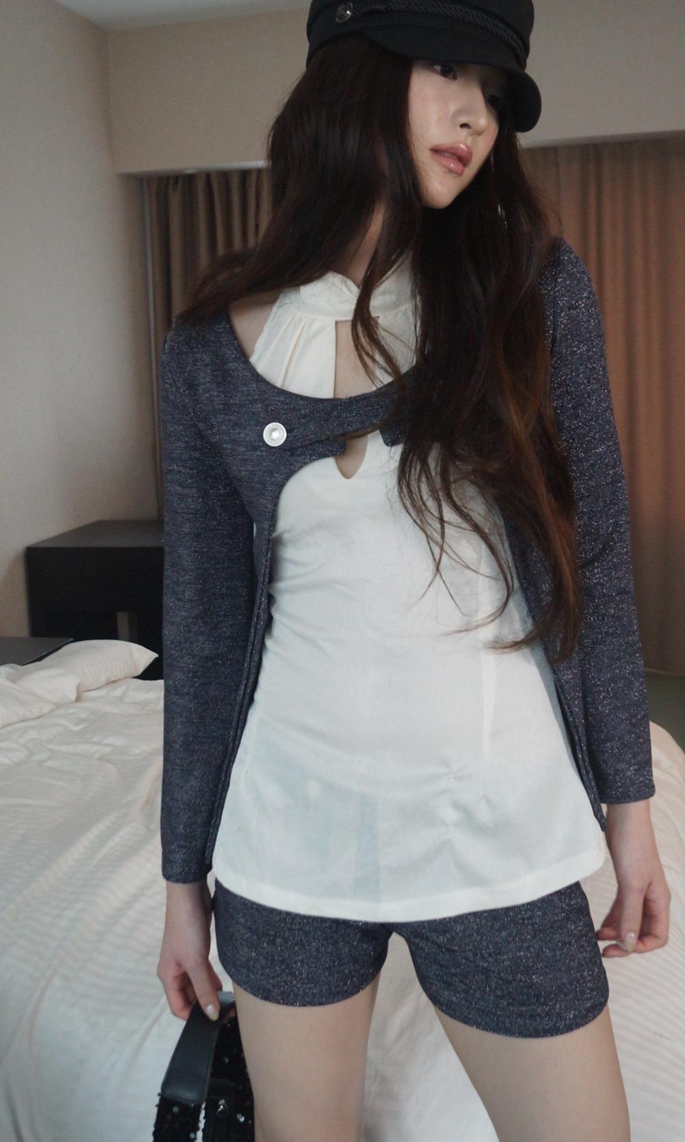 Metallic Button Tab Cardigan_Navy