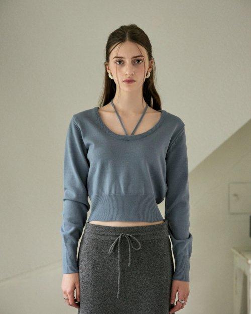 홀터 라운드넥 니트 - 블루 그레이