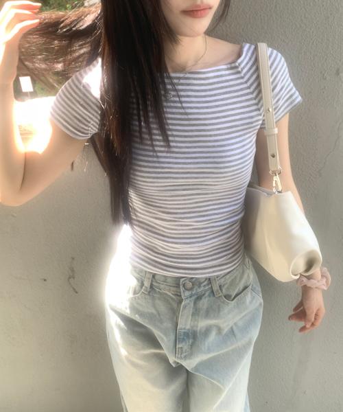 Stripe Boat Neck Short Sleeve Tee(2Colours)