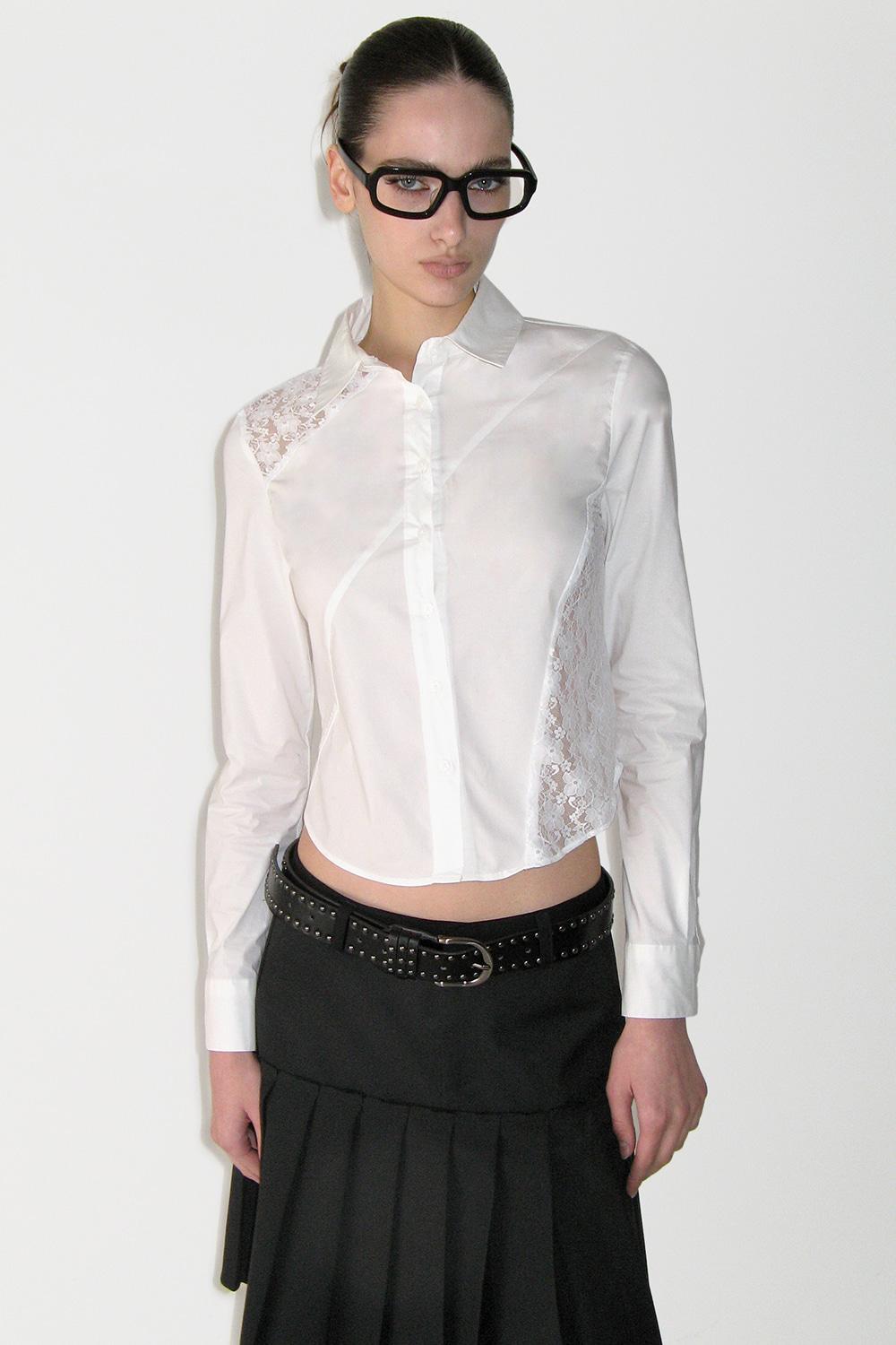 Lace Asymmetric Fitted Shirt, WHITE