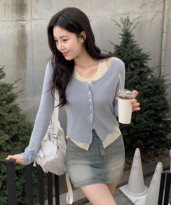 쇼퍼랜드 [봄][여름]뮤어 배색 레이어드 골지 트임 니트 가디건 (4color)