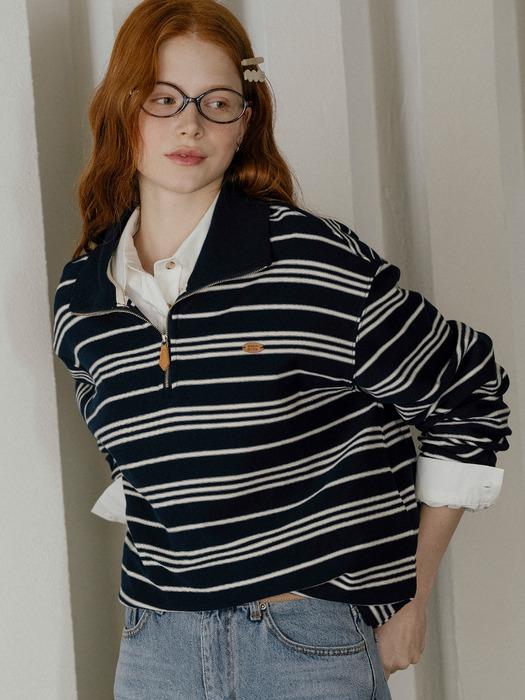 High-neck zip up stripe T-shirt_Navy