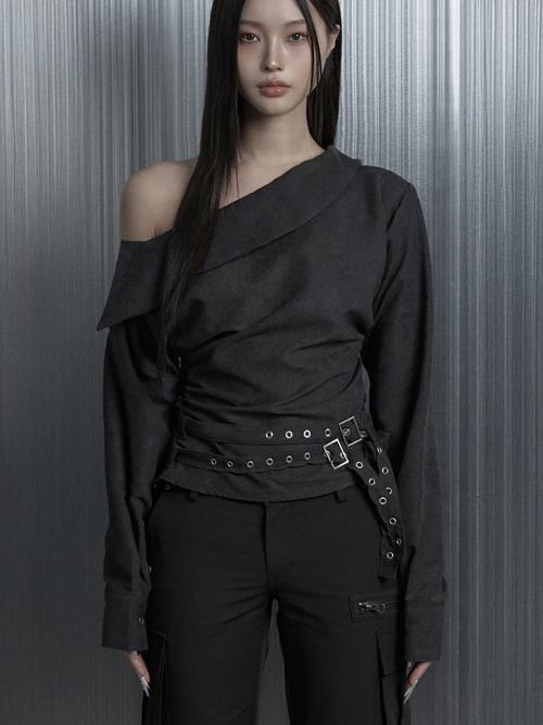 Two Belt Drape One-Shoulder Blouse (Black)