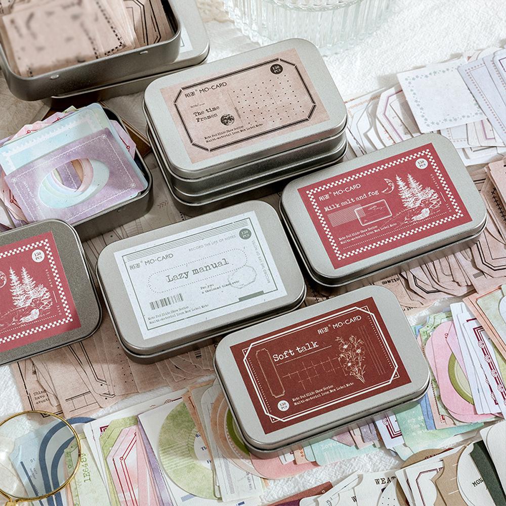 열어서 잠금해제 150장 빈티지 다꾸 메모지 틴케이스 라벨 지류 다이어리 꾸미기 선물 포장 네임택 플립북 스크랩
