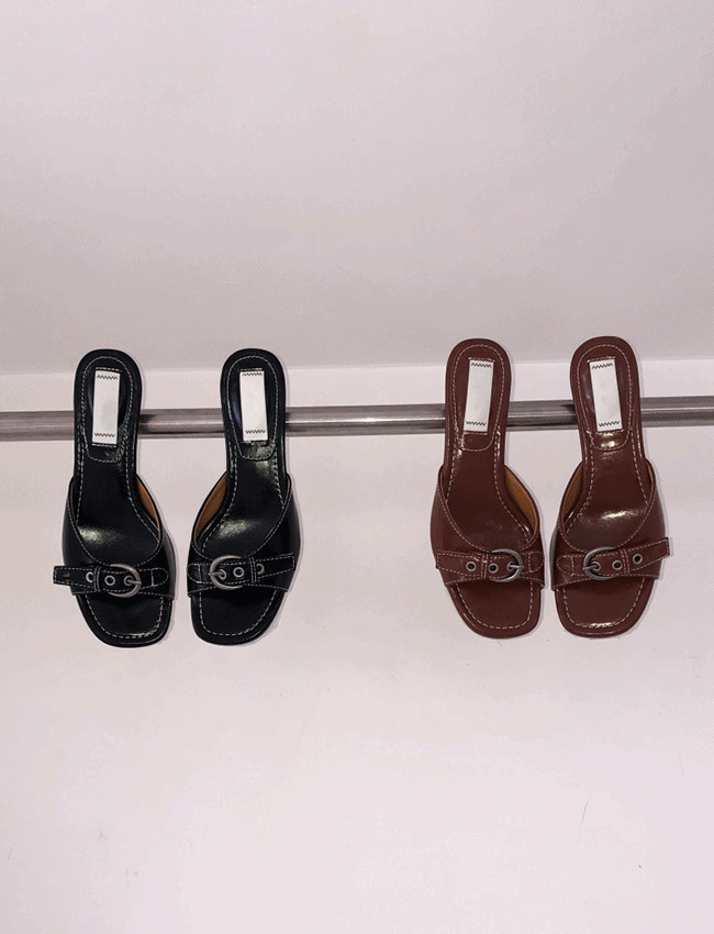 스티치 버클 빈티지 토오픈 뮬샌들 (2color)