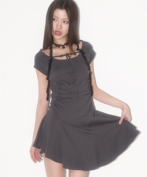 레이스 셔링 플레어 원피스 차콜