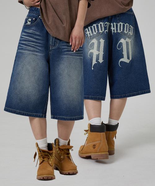 HD 체인 자수 버뮤다 데님 팬츠 미디엄블루