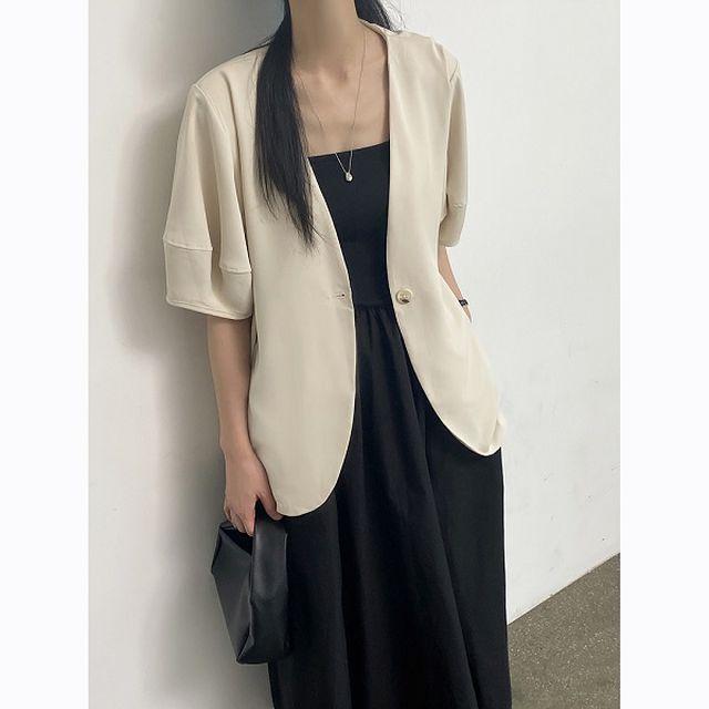 둥근 퍼프 소매 오버핏 여름 반팔 자켓