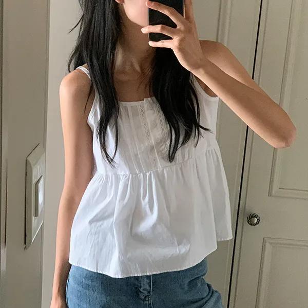 [재진행/문의폭주] 릴리아 레이스 핀턱 슬리브리스 블라우스 끈나시