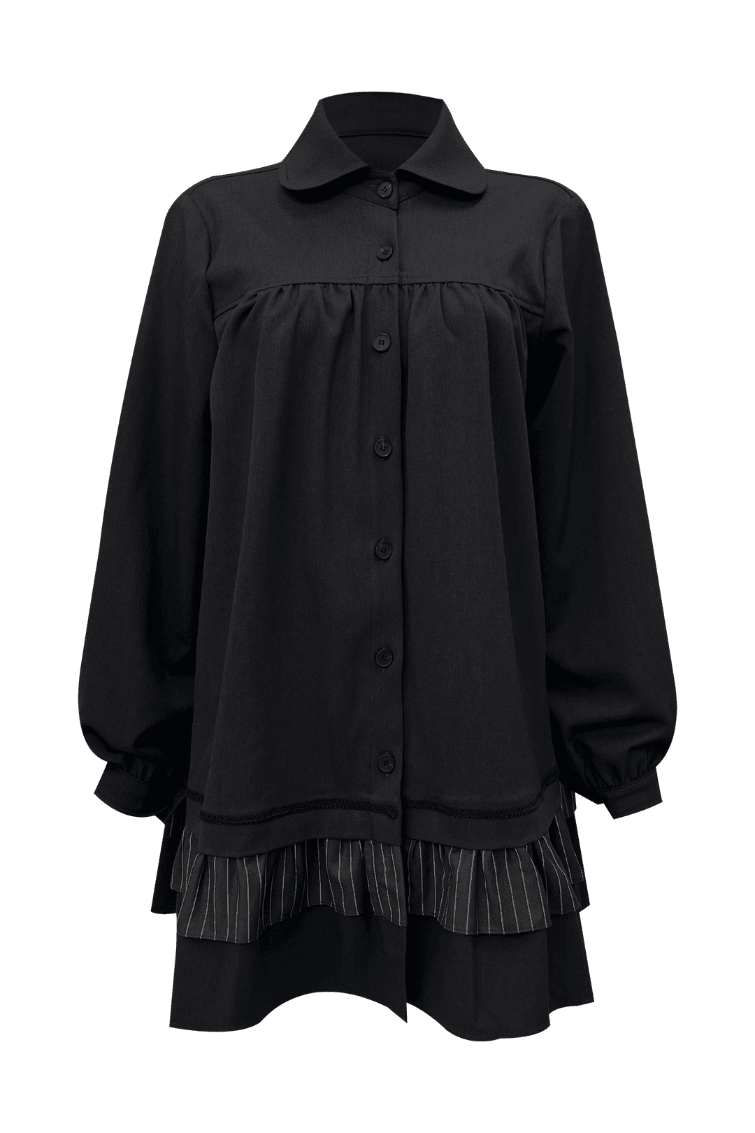 [03.05 순차 출고] STRIPED FRILL ONE-PIECE (CHARCOAL)