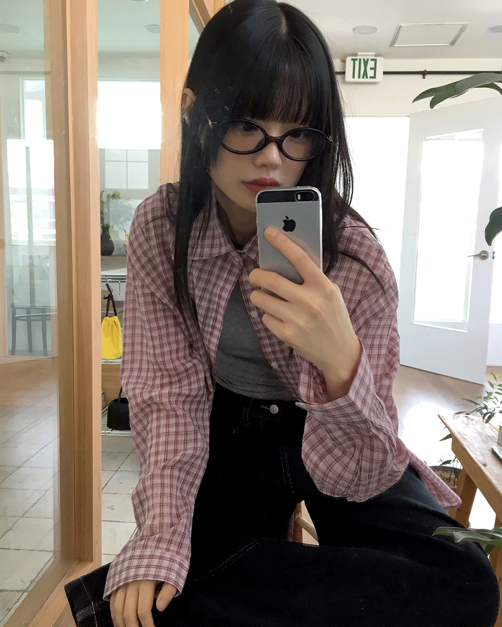 원더원더 베터 시어서커 오버핏 시스루 빈티지 체크 긴팔 셔츠